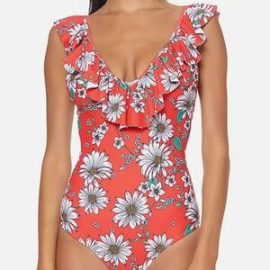 Jessica Simpson Floral Ruffle Swimsuit - Coral